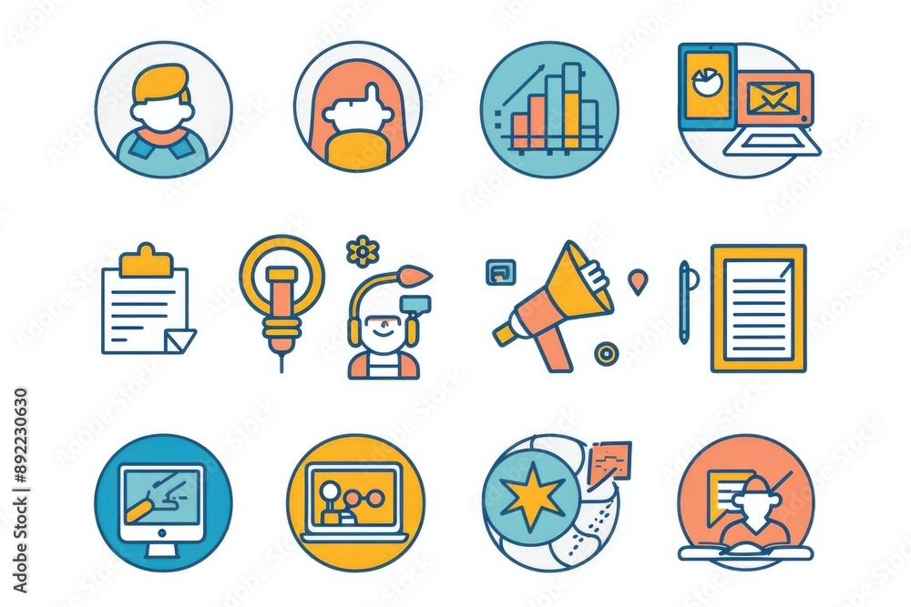 A collection of colorful icons against a clean white background, ideal for use in infographics and presentations A collection of colorful icons against a clean white background, ideal for use in infographics and presentations