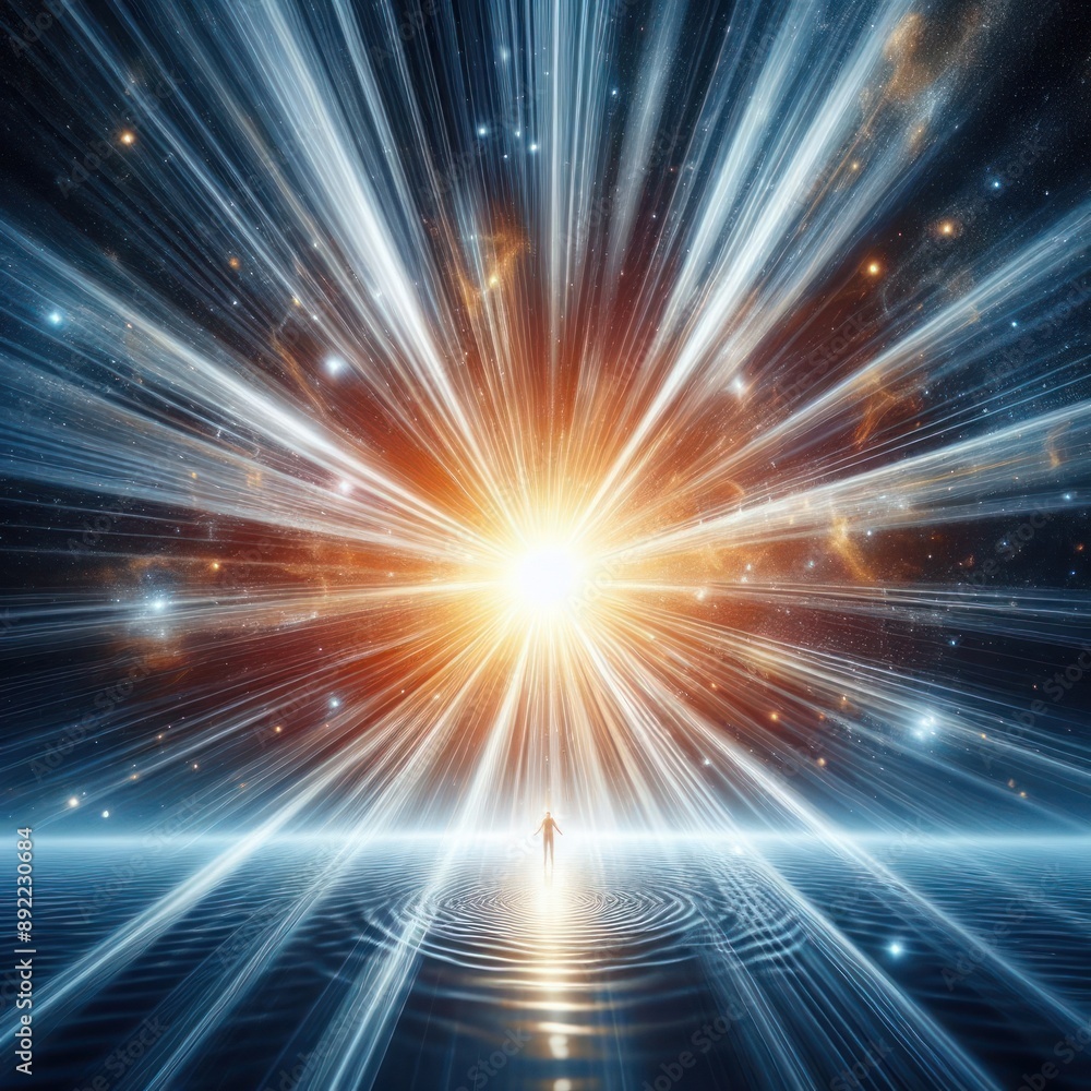 Obraz premium A sparkling light source above a silhouette of a man standing underneath.