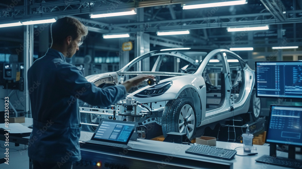 Fototapeta premium The engineer is monitoring the production of electric vehicle components.