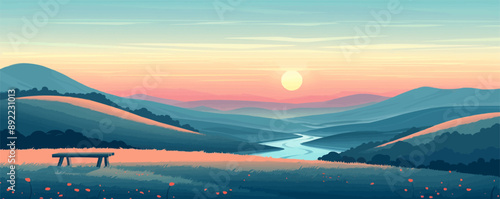 A winding path leading through a misty meadow towards distant mountains. Vector flat minimalistic isolated illustration.