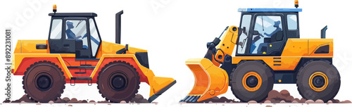 Two construction vehicles, one orange and one yellow, are shown on a white background. The vehicles are positioned next to each other