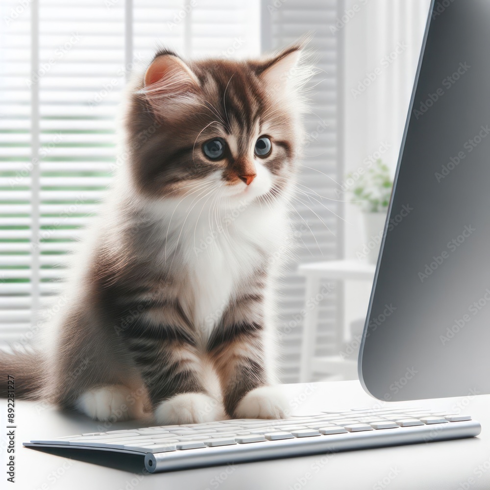 A little kitten sitting near a keyboard in front of a computer monitor. A little kitten sitting near a keyboard in front of a computer monitor.