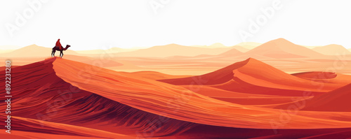 A traveler riding a camel through the vast expanse of the Sahara Desert on a white background. Vector flat minimalistic isolated illustration.