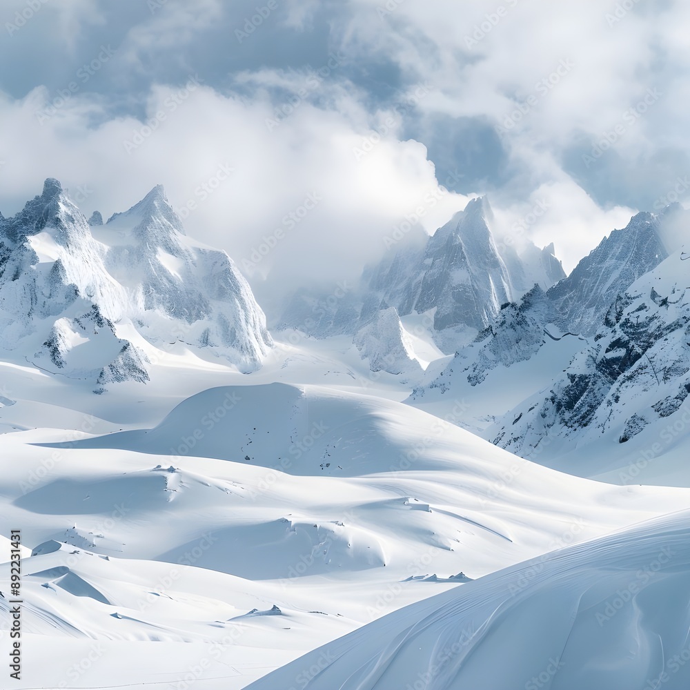 Fototapeta premium A pristine snowy landscape with towering peaks and deep snow drifts, illuminated by the bright winter sun.