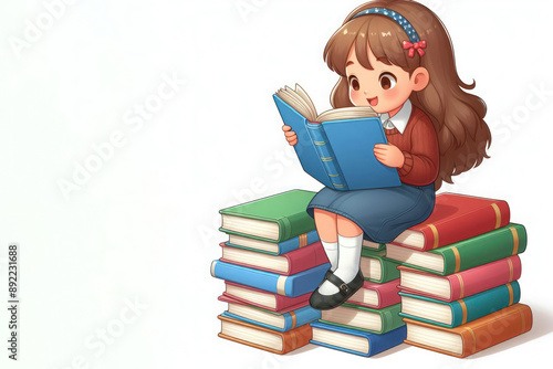 Little girl reading a book sitting on a stack of books. Space for text.