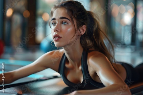 A woman practicing yoga on a mat with a focus on upper body and core strength Free Download A woman practicing yoga on a mat with a focus on upper body and core strength - GFXLoad