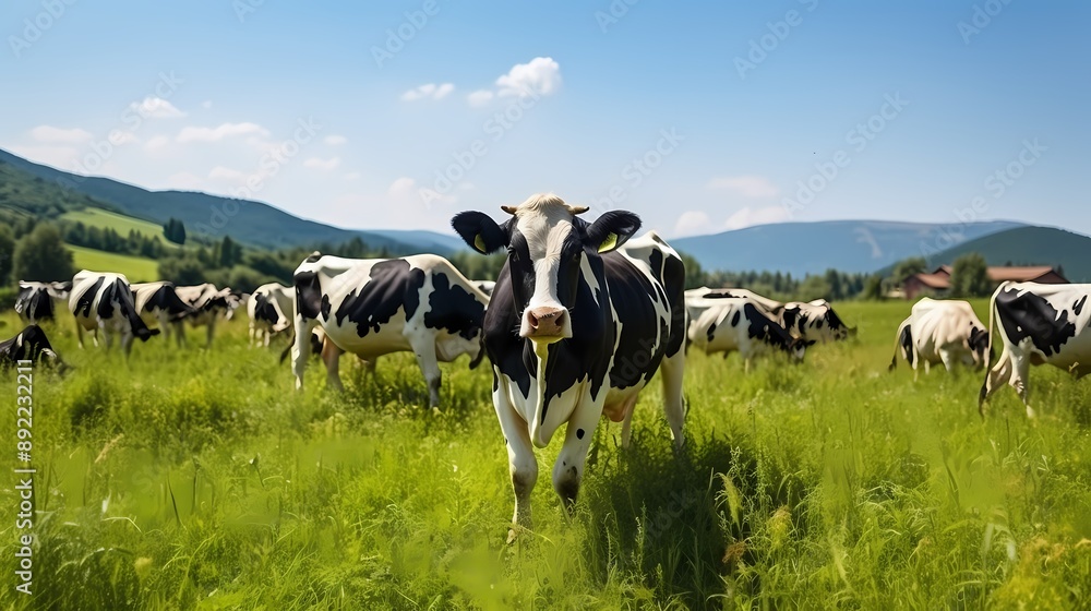 Cows grazing in a picturesque green field with mountains and a village in the background Cows grazing in a picturesque green field with mountains and a village in the background