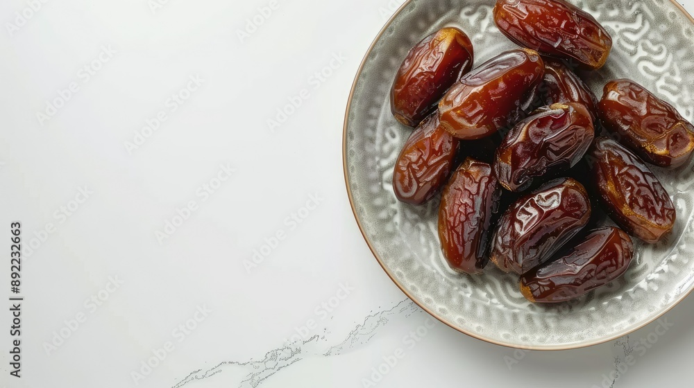 Plate with dried dates for Ramadan on white background Plate with dried dates for Ramadan on white background