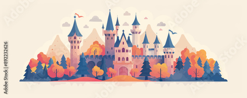 Whimsical fairytale castle with towers and battlements Vector flat minimalistic isolated illustration