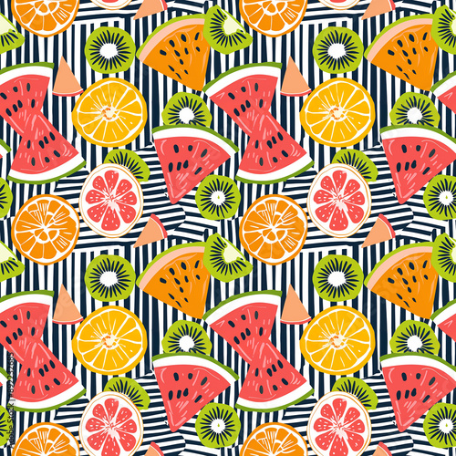 Colorful summer fruit pattern with striped background