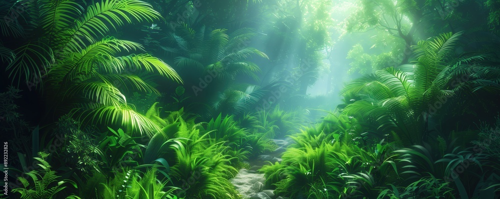 Beautiful jungle landscape with dense trees and greenery, jungle forest, jungle background Beautiful jungle landscape with dense trees and greenery, jungle forest, jungle background