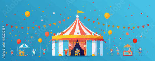 Whimsical circus tent with acrobats and clowns Vector flat minimalistic isolated illustration