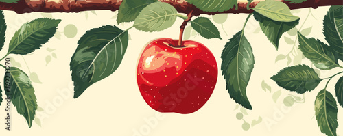 A shiny red apple hanging from a tree branch. Vector flat minimalistic isolated illustration.
