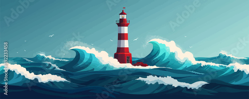 Abandoned lighthouse standing tall against crashing waves. Vector flat minimalistic isolated illustration. photo