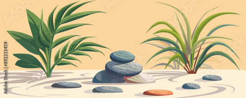Zen garden with sand and rocks Vector flat minimalistic isolated illustration
