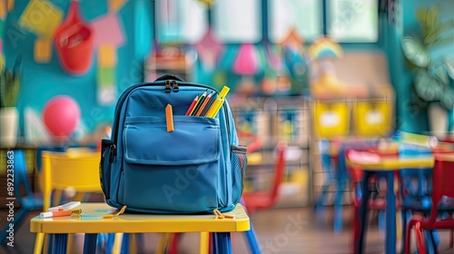 School backpack with stationery on table in classroom. Banner for design