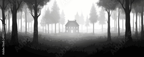 Haunted mansion shrouded in mist and surrounded by eerie trees. Vector flat minimalistic isolated illustration.