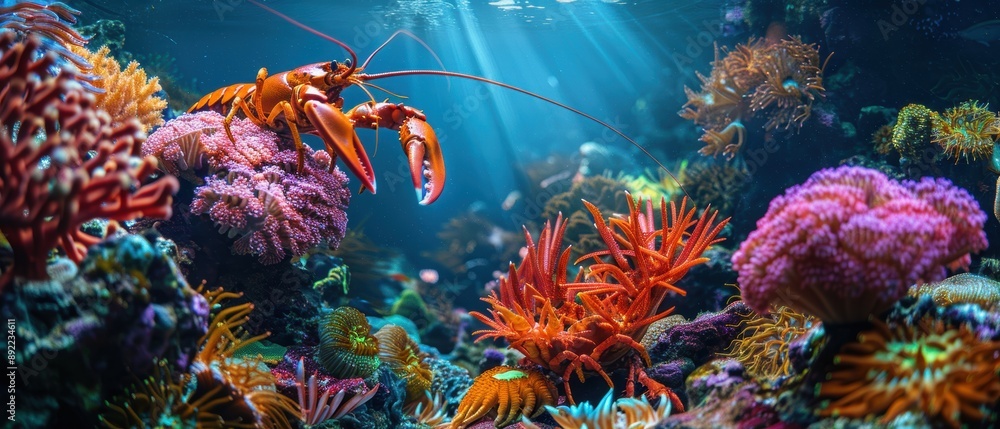 Fototapeta premium Underwater Kingdom: Stunning Image of Giant Lobster and King Crab in Vibrant Coral Reef Habitat