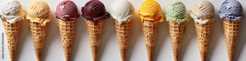 A variety of ice cream cones isolated on a white background, with different colors and textures A variety of ice cream cones isolated on a white background, with different colors and textures