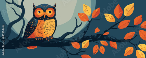 Quizzical owl perched on a gnarled tree branch, observing the world below. Vector flat minimalistic isolated illustration