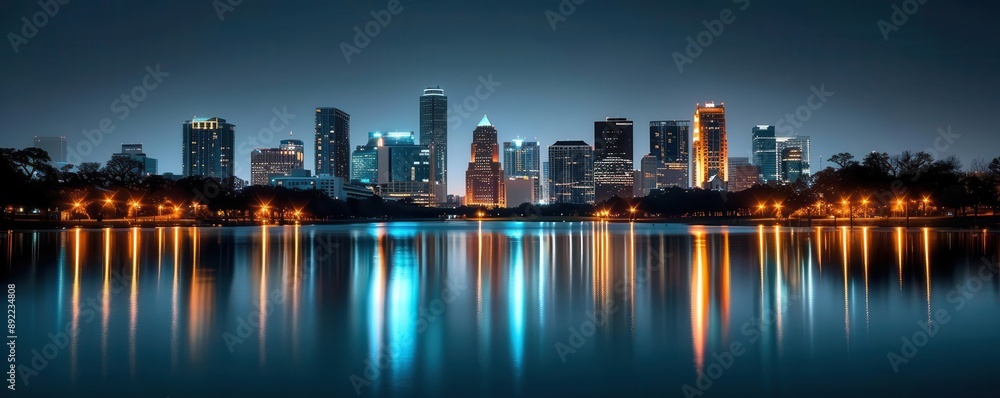 Obraz premium City skyline illuminated at night with colorful lights reflecting in the calm water, creating a stunning urban nightscape.