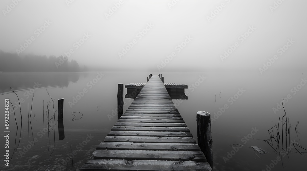 The dock made of wood sticks out into the still cloudy lake The dock made of wood sticks out into the still cloudy lake