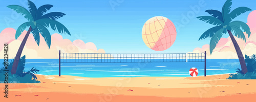 Tropical beach scene with a beach volleyball game Vector flat minimalistic isolated