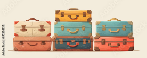 A stack of vintage suitcases ready for adventure. Vector flat minimalistic isolated illustration