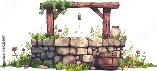Rustic water well with bucket Vector flat minimalistic isolated illustration