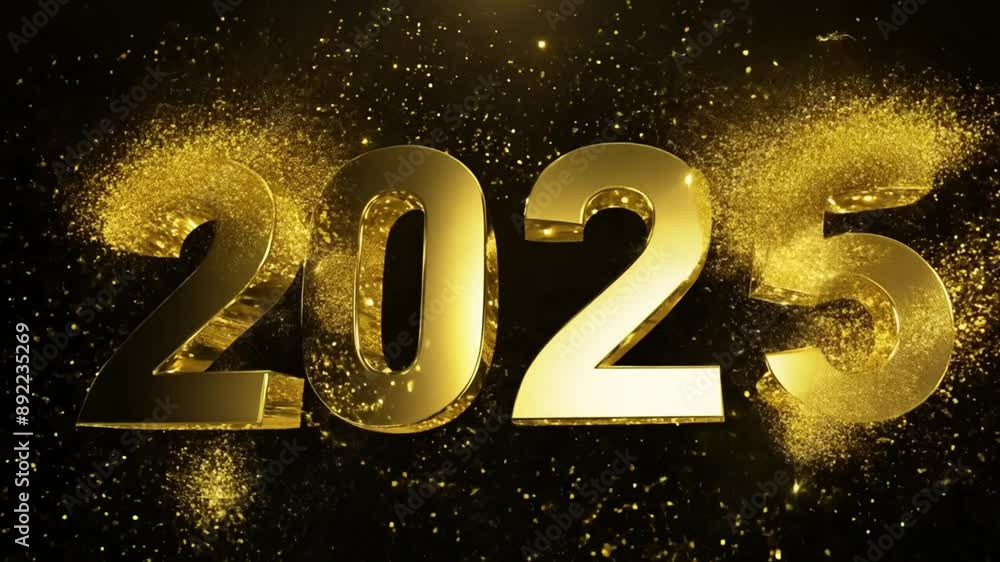 Festive Happy New Year 2025 Golden Glossy Metal Texture Lettering Design Shimmering Particles Reveal. Golden particles. Celebration,Festive 4k video Festive Happy New Year 2025 Golden Glossy Metal Texture Lettering Design Shimmering Particles Reveal. Golden particles. Celebration,Festive 4k video