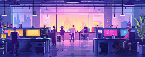 A bustling tech startup office with developers coding and designers creating digital assets. Vector flat minimalistic isolated illustration.