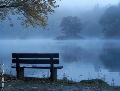 Sitting on a solitary bench by the misty lake at dawn, evoking solitude and the serene calmness of being alone with one's thoughts.