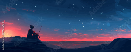 Harmonious melody played by a solitary musician under the starlight. Vector flat minimalistic isolated