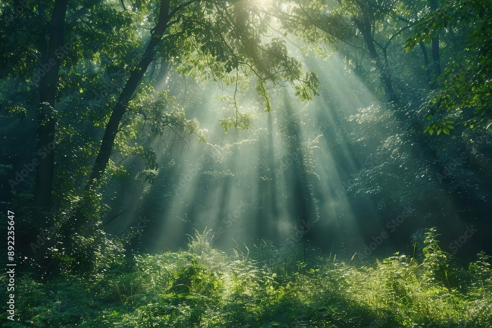 Obraz premium Sunlight filtering through dense trees, captivating the nemophilist, a devotee of forests and woodland scenery.