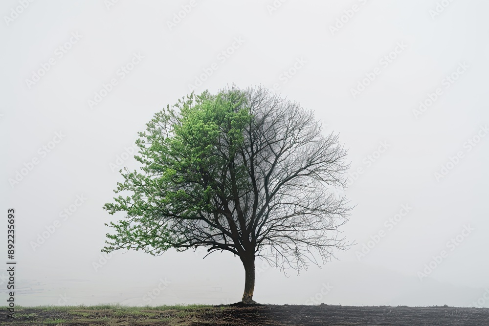 A solitary tree stands amidst a hazy landscape its branches split between vibrant green foliage and skeletal bareness symbolizing the passage of time and the A solitary tree stands amidst a hazy landscape its branches split between vibrant green foliage and skeletal bareness symbolizing the passage of time and the