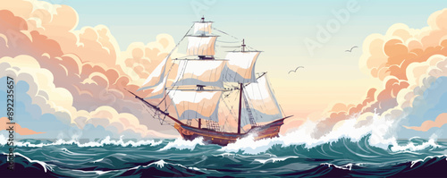 A majestic pirate ship with tattered sails navigating through stormy seas. Vector flat minimalistic isolated