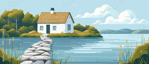 A serene lakeside cottage with a thatched roof and a stone path leading to the water. Vector flat minimalistic isolated