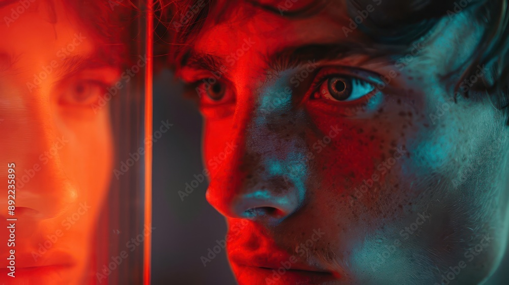 Isolated figure gazing into a mirror, lost in the thought-provoking realm of solipsism, questioning the nature of reality and self. Isolated figure gazing into a mirror, lost in the thought-provoking realm of solipsism, questioning the nature of reality and self.
