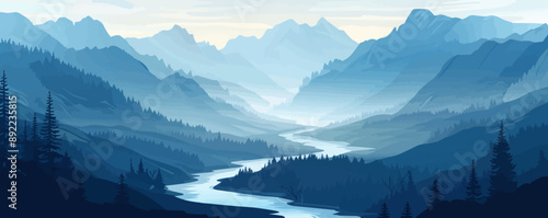 A serene mountain valley with a river winding through the landscape. Vector flat minimalistic isolated