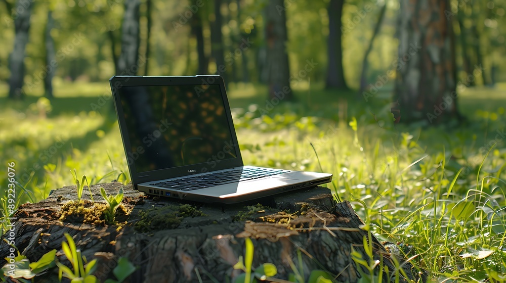 The laptop in the lawn on a piece of wood