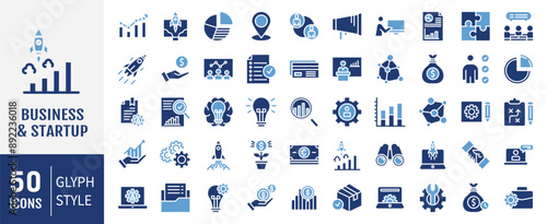 Business Startup vector icon set. For Mobile and Web. The set contains icons: Startup, Launch Event, Beginnings, New Business, Motivation, Rocket, Opening.