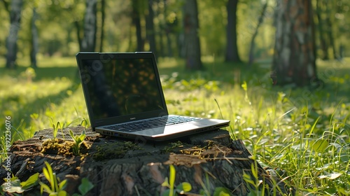 Obraz na płótnie The laptop in the lawn on a piece of wood w salonie