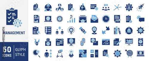 Management glyph icons set. Management, mission, growth, achievement, teamwork, strategy and communication. Vector illustration