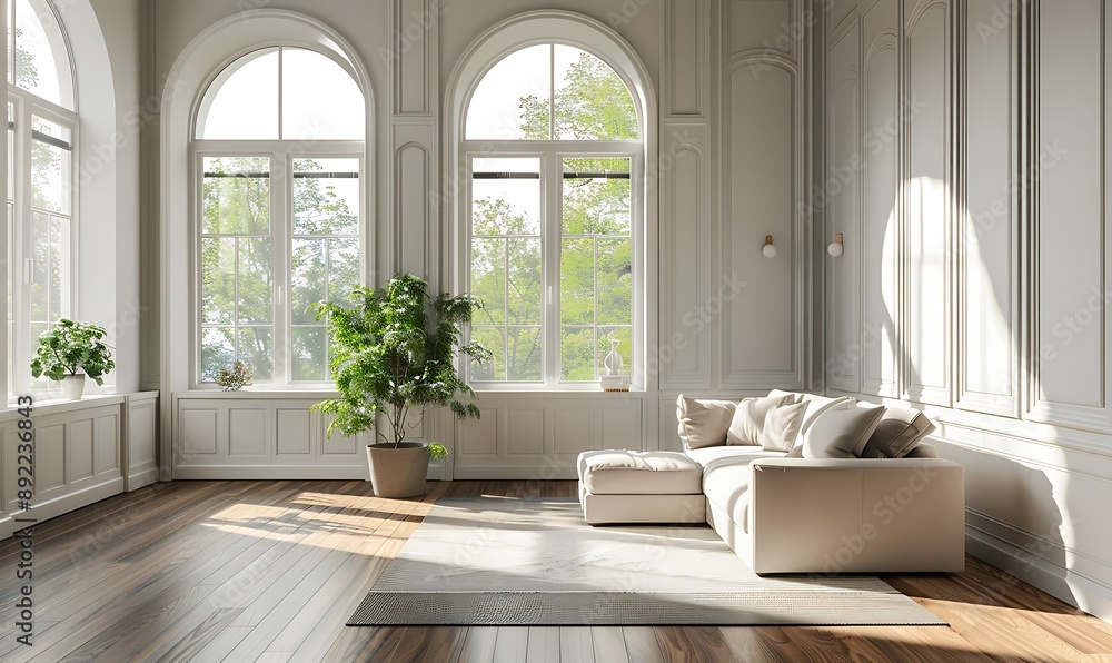 Fototapeta premium Spacious Living Room with a Modern Sofa and Sunbeams