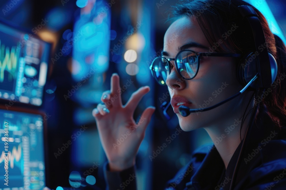 A person working on a computer with a headset, useful for office or remote work scenes A person working on a computer with a headset, useful for office or remote work scenes
