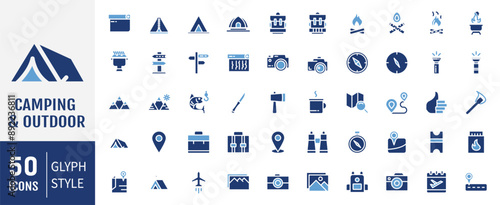 Camping and Outdoor glyph Icons set. Map, tourism, camping, hiking, direction, bonfire, backpack and tent. Vector illustration