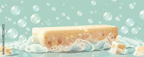 A bar of soap with bubbles floating around it, resting on the white background. Vector flat minimalistic isolated