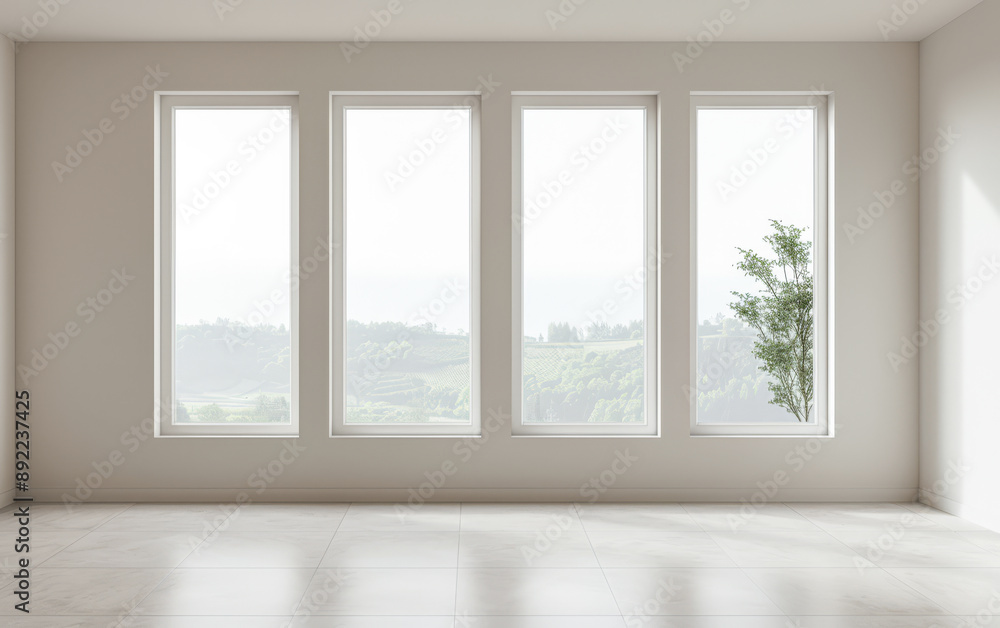 Fototapeta premium Large window in an empty luxury apartment room with no furniture and copy space. Residential interiors design composition mockup image. 28