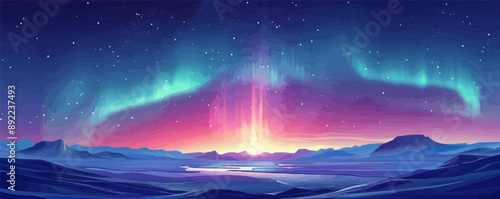 A radiant aurora borealis dancing in the night sky above a snowy landscape. Vector flat minimalistic isolated