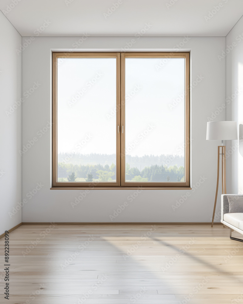 Fototapeta premium Large window in an empty luxury apartment room with no furniture and copy space. Residential interiors design composition mockup image. 28